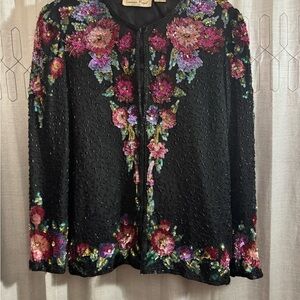 Vintage Laurence Kazar Black Jacket with Sequin Floral Design